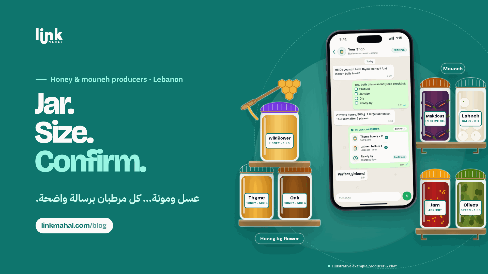 Hypothetical WhatsApp honey mouneh Lebanon order chat with a product, jar size, quantity and ready-by checklist and an order confirmation