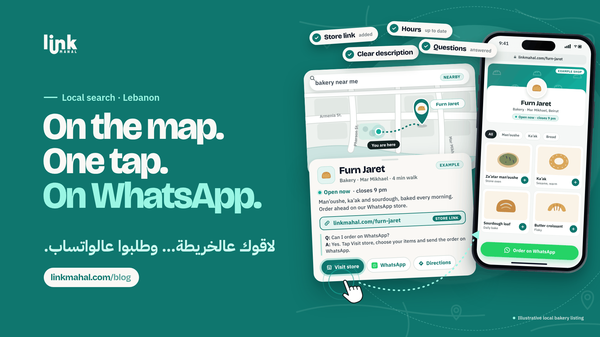 Teal illustration of a Google Business WhatsApp store Lebanon path: a map search, an example profile card and a phone storefront