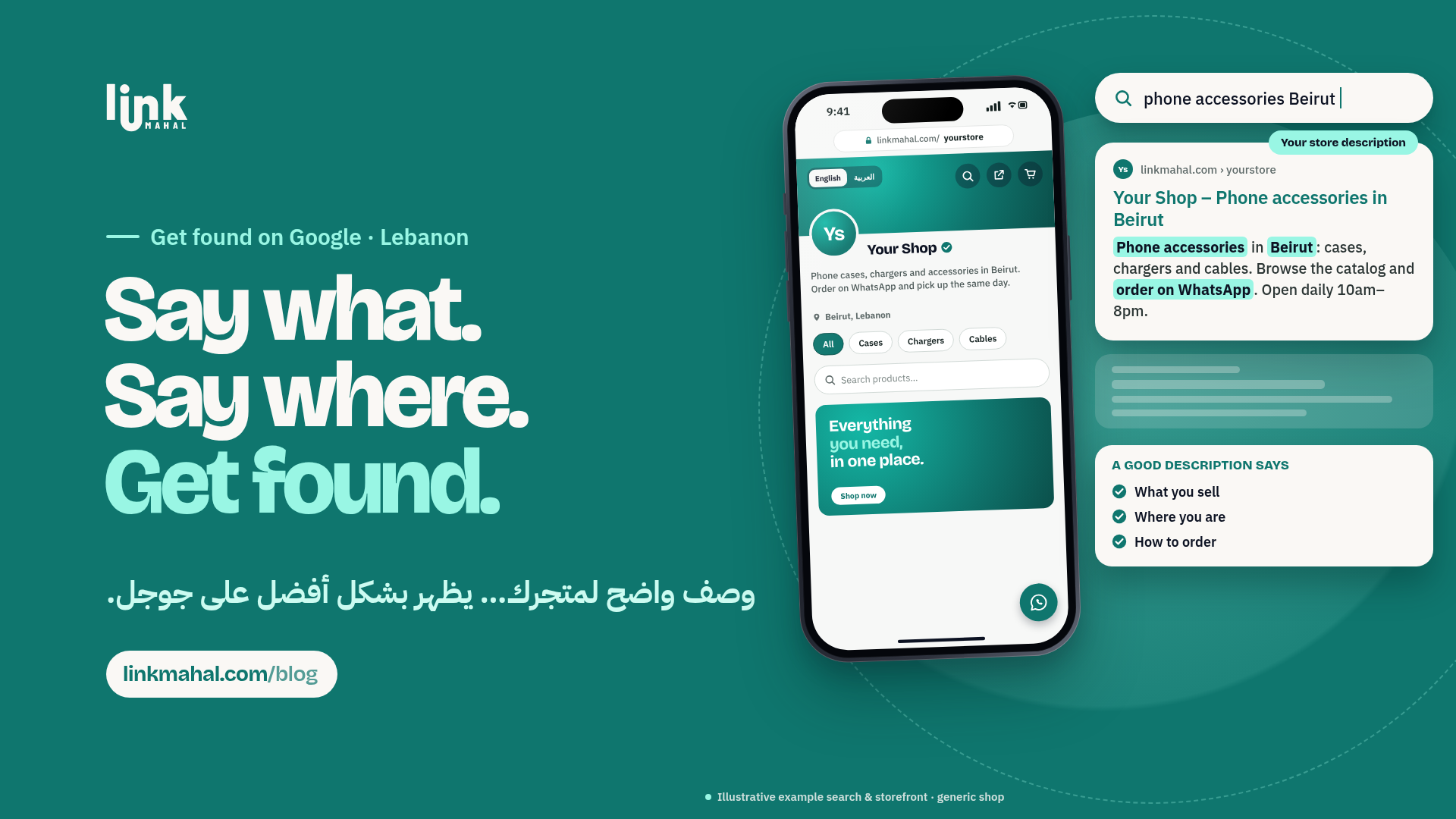 Hypothetical before-and-after for a store description Lebanon customers search for: a vague slogan rewritten into what you sell, your area and how to order on WhatsApp