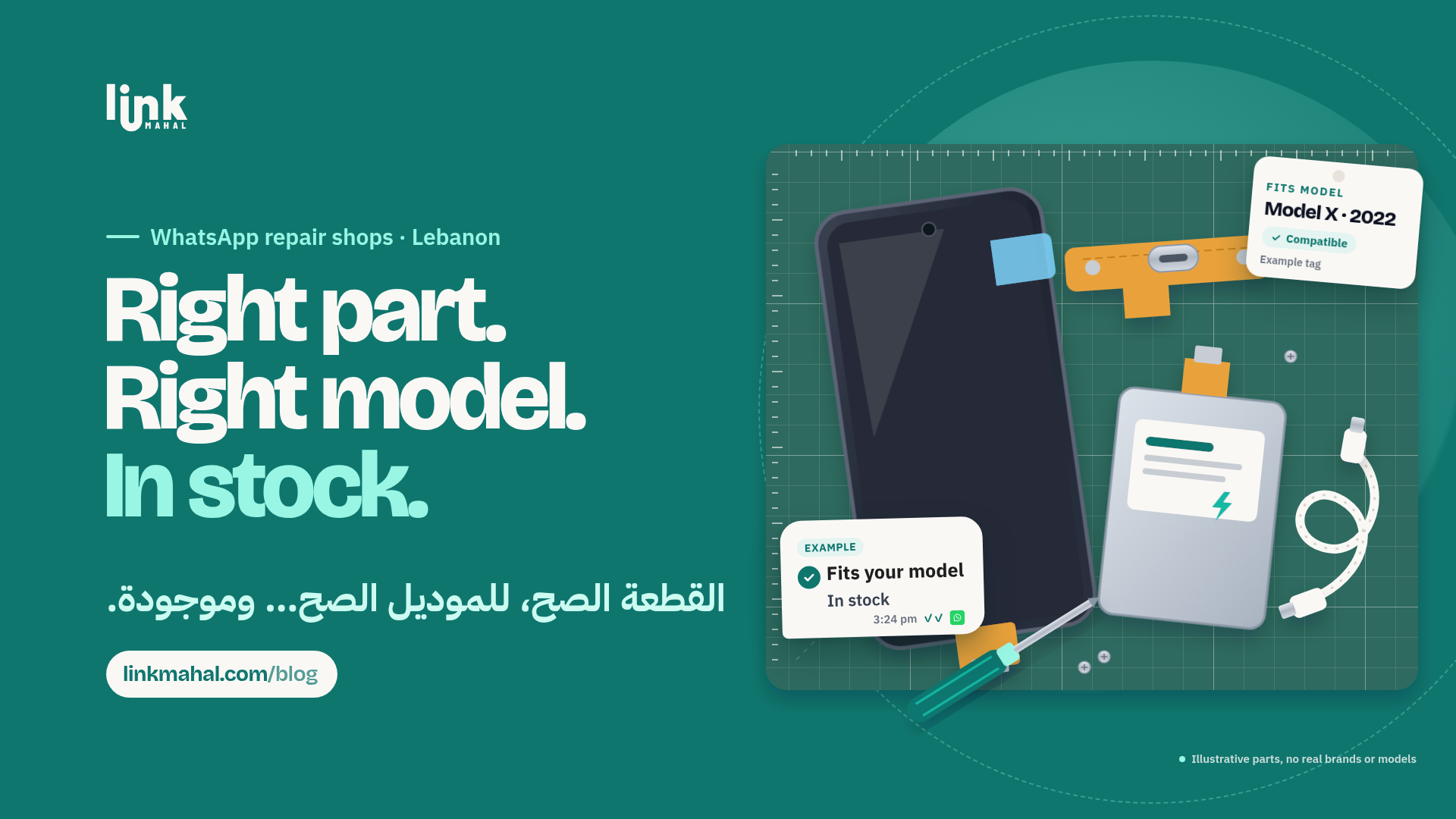 In stock chat reply and a Compatible model tag beside a phone on a repair mat, a clear quote style for WhatsApp electronics spare parts Lebanon sellers
