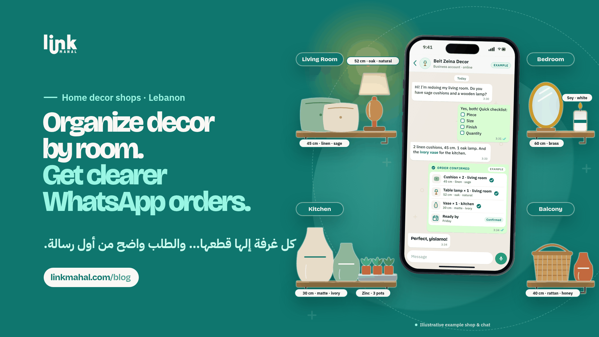 Illustration of a hypothetical WhatsApp home decor shop Lebanon chat with a piece, size, finish and quantity checklist and an order ready by Friday
